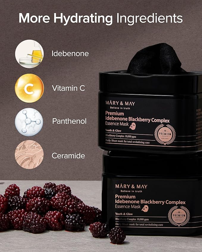 Mary&May Idebenone Blackberry Essence Mask, Bamboo Charcoal, 20 Sheets