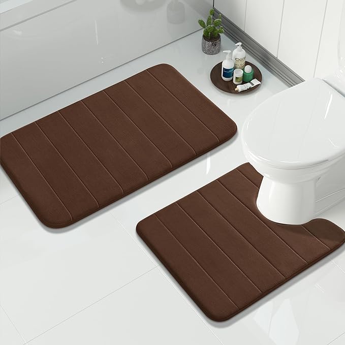 Yimobra U-Shaped Toilet Bath Mat Set 2 Piece - Soft Absorbent Quick Dry Memory Foam Bathroom Rugs, Machine Washable Non Slip Floor Carpet for Tub Shower & Single Sink (17x24 & 24x20