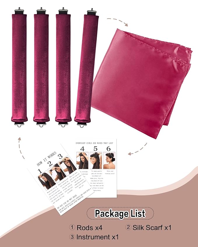 Seritant Heatless Curls Overnight with Satin Head Scarf, Velvet Hair Rollers for Blowout Look, No Heat Curling Rod for Long Thick Hair, Soft Sleep In Flexi Rods - 4PCS(7)