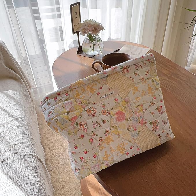 Sminra Quilted Floral Makeup Bag for Women, Cotton Cosmetic Pouch with Zipper, Slim Travel Toiletry Organizer for Makeup, Skincare and Daily Essentials Organizer (Beige Floral-L)