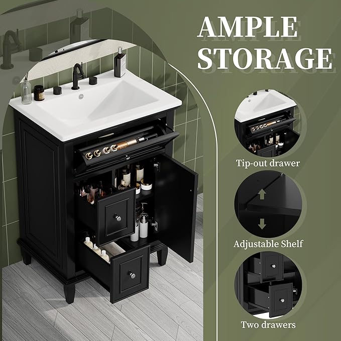 Harper & Bright Designs 24" Bathroom Vanity with Sink, Free Standing Single Basin Vanity Set with Tip-Out Drawer, 2 Drawers, and One Door, Wood Bathroom Cabinet with Ceramic Basin for Bathroom, Black
