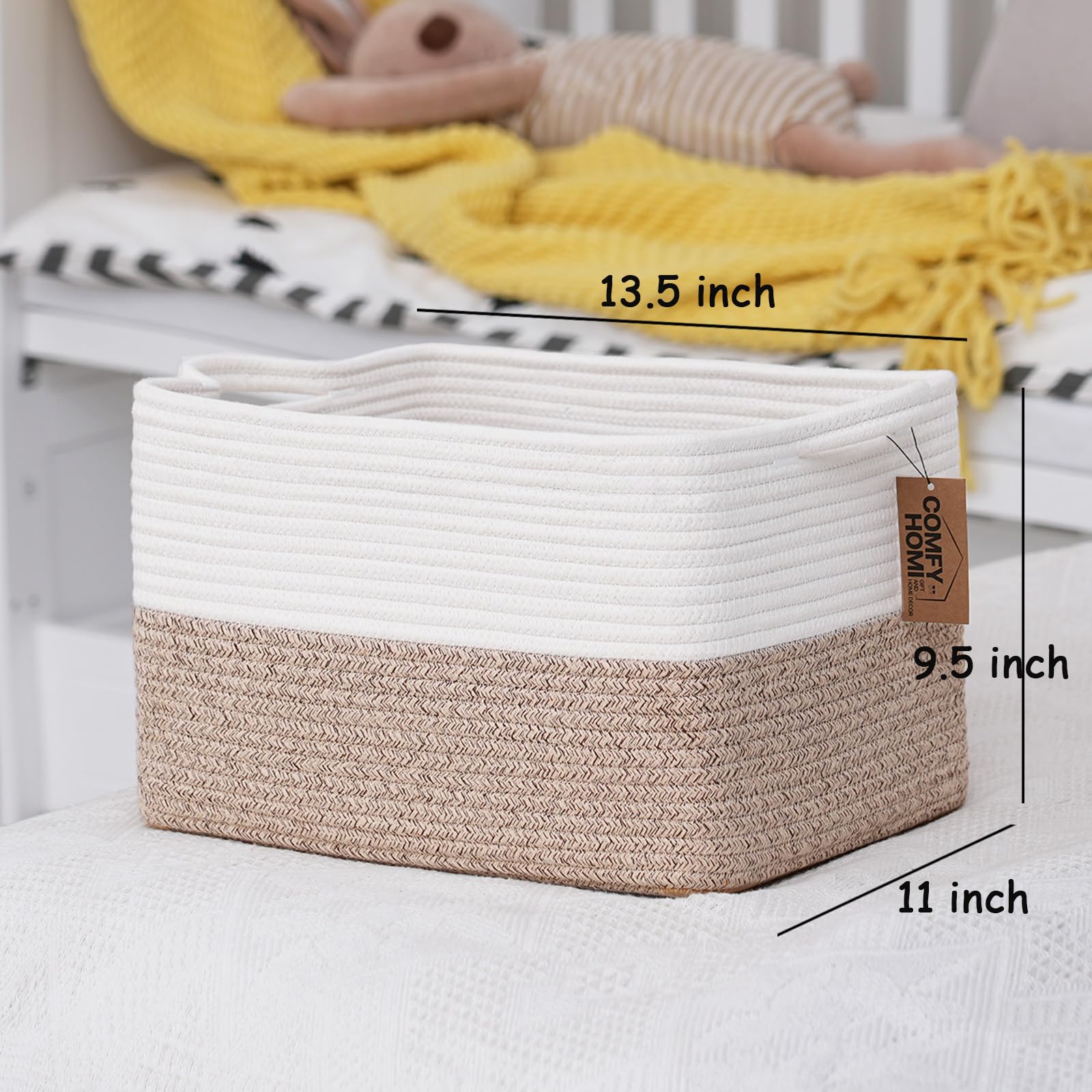 COMFY-HOMI Cotton Rope Woven Basket with Handles for Shelves,Toys,Book, Cloth Storage Baskets Bin for Organizing- 1 PCSToy Decorative Organizer for Living Room, Bathroom