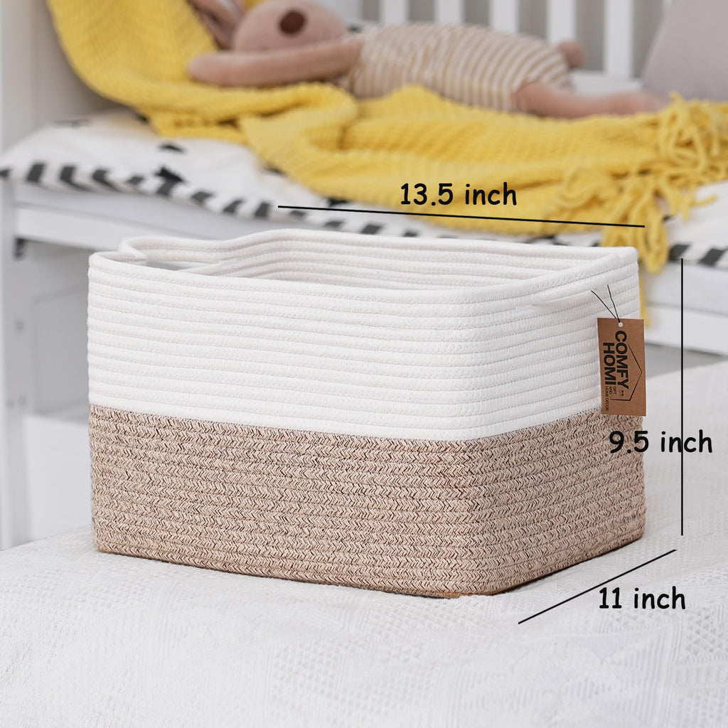 COMFY-HOMI Cotton Rope Woven Basket with Handles for Shelves,Toys,Book, Cloth Storage Baskets Bin for Organizing- 1 PCSToy Decorative Organizer for Living Room, Bathroom