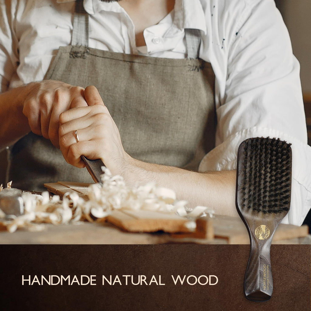 NORSEWOOD Boar Bristle Brush for Shine and Texture - Stiff Bristles for Medium Hair/Beards, Cleaning Brush Included