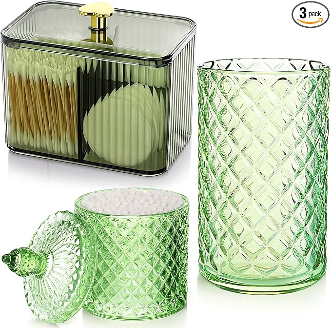 3 Pcs Qtip Holder Dispenser Bathroom Set Cotton Ball Holder Cotton Swabs/ball Storage Box 3 Grids Partition Cosmetics Storage Dispenser for Vanity Tray Candy Container Jar For Home(Green)