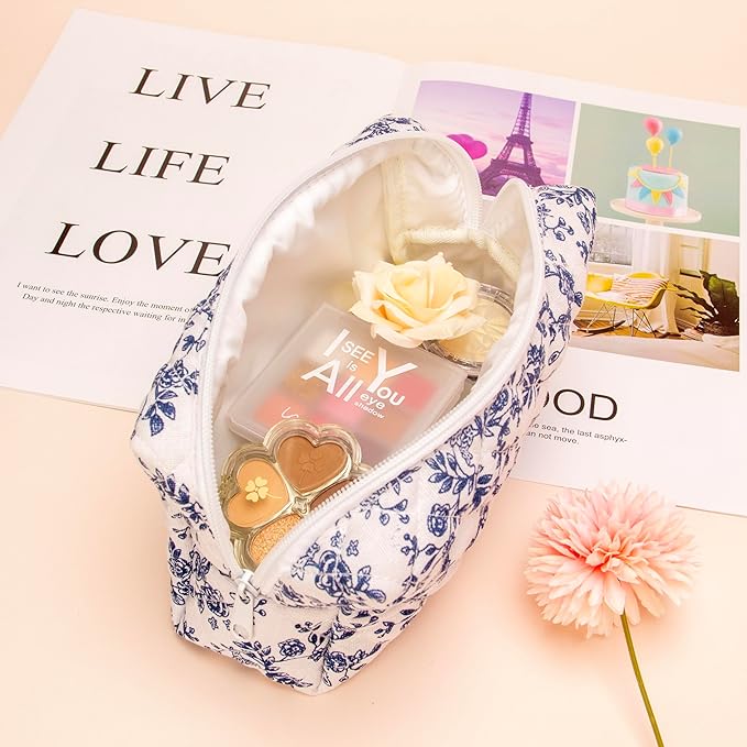 PAZIMIIK Small Quilted Makeup Bag,Zipper Cosmetic Pouch,Jouy Blue