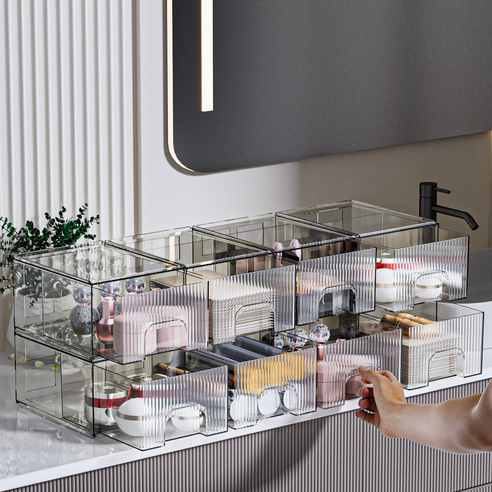 ZHIAI 8 Pack Clear Stackable Storage Drawer, Acrylic Drawer, Cosmetic Organizer, Plastic Organizer for Dresser, Under, Kitchen Cabinet, Pantry, Home Organization and Storage