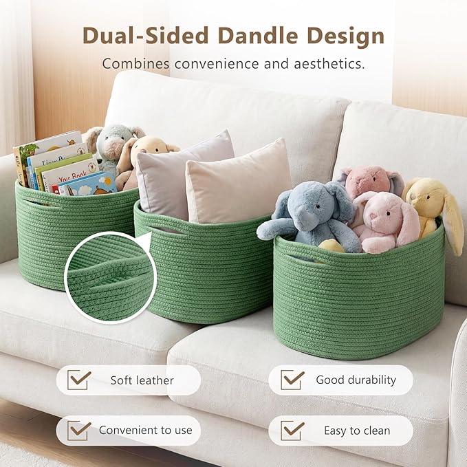 Cotton Rope Storage Basket, 15x10x9 Inches, Woven Basket for Shelves, Clothes, Towels, Books, and Laundry, Green (1 Pack)