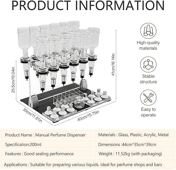 QIUNAOZI Liquid Filling Machine Transfer Tools, 12 Pump Heads,Testing Cups, 200ml Glass Perfume Bottles, Flow Adjustable, Suitable for Liquid Colognes/Perfume Samples