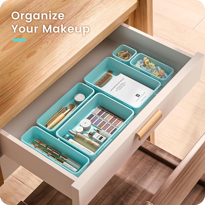 【Military Grade】A-LuGei Drawer Organizer,【𝟱𝗦𝗶𝘇𝗲】Makeup organizer,【Holds 177 Items】Bathroom Organizers and Storage,Organization and Storage,Desk Drawer Organizer for Vanity【Blue】