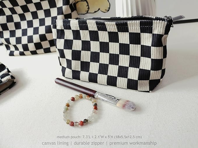 HAPPYHEIDI Checkered Corduroy Makeup Bag Set 3 Women Cosmetic Toiletry Travel Pouch Purse Accessory Organizer, 3-Size, Vintage Black Tan-White