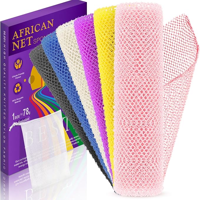 6 Pieces African Bath Sponge African Net Long Net Bath Sponge Transform Your Shower Routine with African Bath Sponges for Exfoliated, Silky Smooth Skin (Pink, Yellow, Purple, Blue, Black, Off-White)