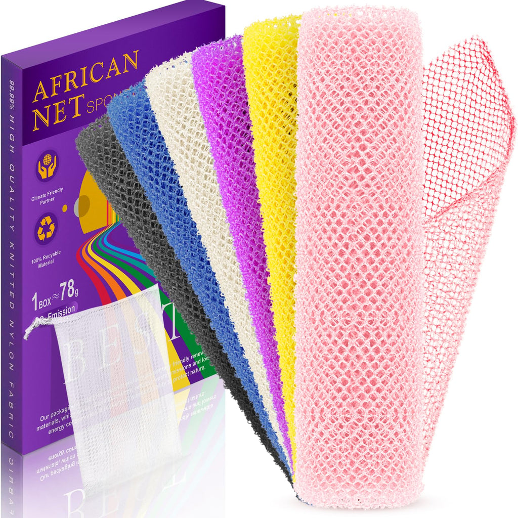 6 Pieces African Bath Sponge African Net Long Net Bath Sponge Transform Your Shower Routine with African Bath Sponges for Exfoliated, Silky Smooth Skin (Pink, Yellow, Purple, Blue, Black, Off-White)