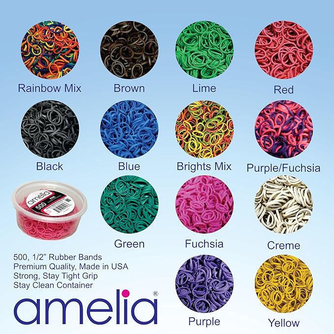 Amelia Beauty 500 Count Small Rubber Bands for Hair – ½" Purple - Made in USA - Recloseable Container - Mini Hair Elastics for Braids, Ponytails, Cornrows & Twists – Strong Hold Ponytail Holders