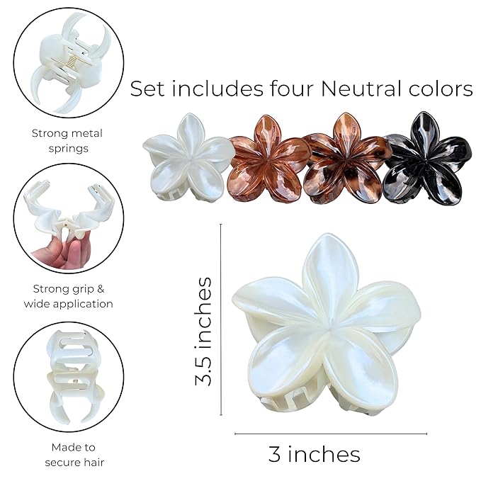 Flower Hair Clips for Women and Girls Thick to Thin Hair Large Cute Claw Clips Decorative Plumeria Hair Accessories Nonslip Aesthetic Glossy Netural