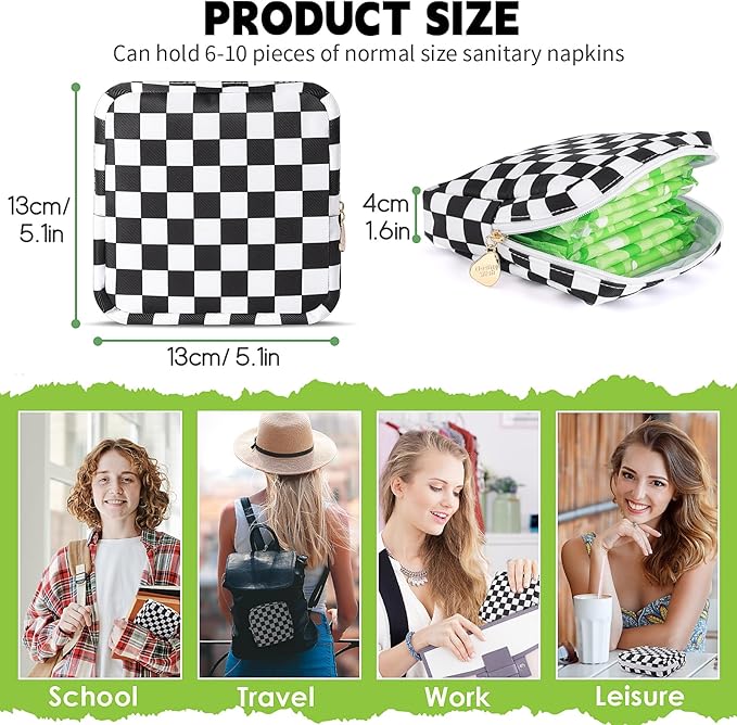 Desing Wish Sanitary Pad Storage Bag Portable Period Bag for Teen Pads/Sanitary Napkins/Small Tampons, Sanitary Napkin Storage Bag First Period Gifts for Teen Girls (Black-white Check)