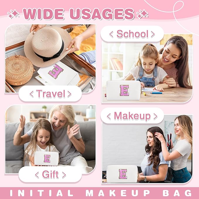 Small Initial Patch Makeup Bag Personalized Gifts Make Up Bag,White Cute PU Leather Glitter Letter Cosmetic Bag with Zipper,Trendy Portable Travel Toiletry Pouch,Preppy Stuff for Teen Girls Women E