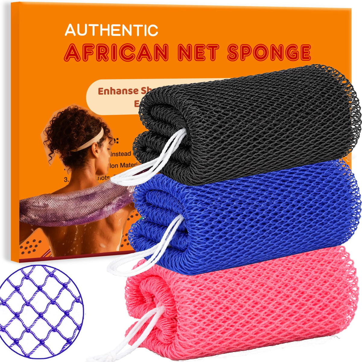 African Net Sponge Authentic Exfoliating Washcloth Body Back Scrubber 3 Pcs