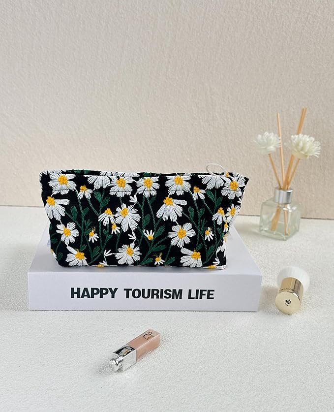 RIKMOXR 2 Pcs Makeup Bags, Large Cosmetic Bag Travel Toiletry Bag Organizer for Women, Embroidery Craft, Floral Makeup Bag Small Cosmetic Pouch Purse with Zipper Gifts for Girls Teen