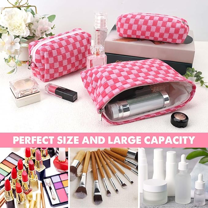 Gocvo 3 Pcs Makeup Bag Cosmetic Bag Set for Girls Women Checkered Travel Organizer Bathroom Toiletry Pouch Large Capacity Storage Bag (Rose-Red)