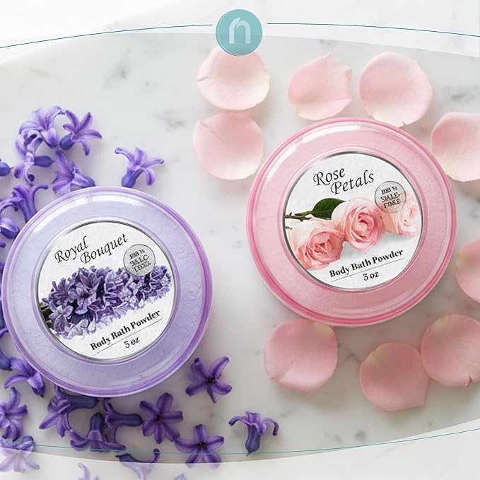 R-NEU 2 Pack Body Powder for Women with Powder Puff, 100% Talc-Free, Elegant Rose Petal & Royal Bouquet Scented Dusting Powder, After Bath for Soft Skin, Extra Large, (2 Pack, 5 Oz Each)