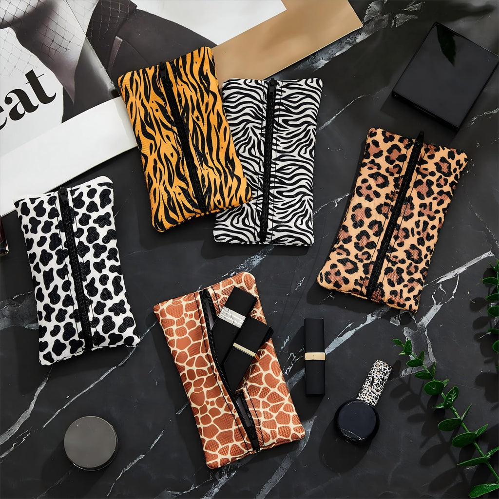 Sherr 5 Pcs Tissues Purse Pocket Holder Reusable Travel Pouch Fabric Zipper Enclosed Small Size Leopard and Zebra Print Pattern Tissue Holder for Purse Coins for Christmas