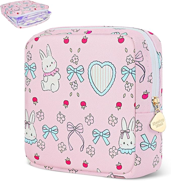 Desing Wish Sanitary Pad Storage Bag Portable Period Bag for Teen Pads/Sanitary Napkins/Small Tampons, Sanitary Napkin Storage Bag First Period Gifts for Teen Girls (Bowknot Rabbit)