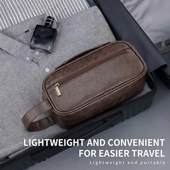 Men’s Toiletry Bag - Vintage PU Leather Kit for Travel - Water-Resistant Shaving Bag,Compact Pouch Gift for Husband, Dad (Brown)