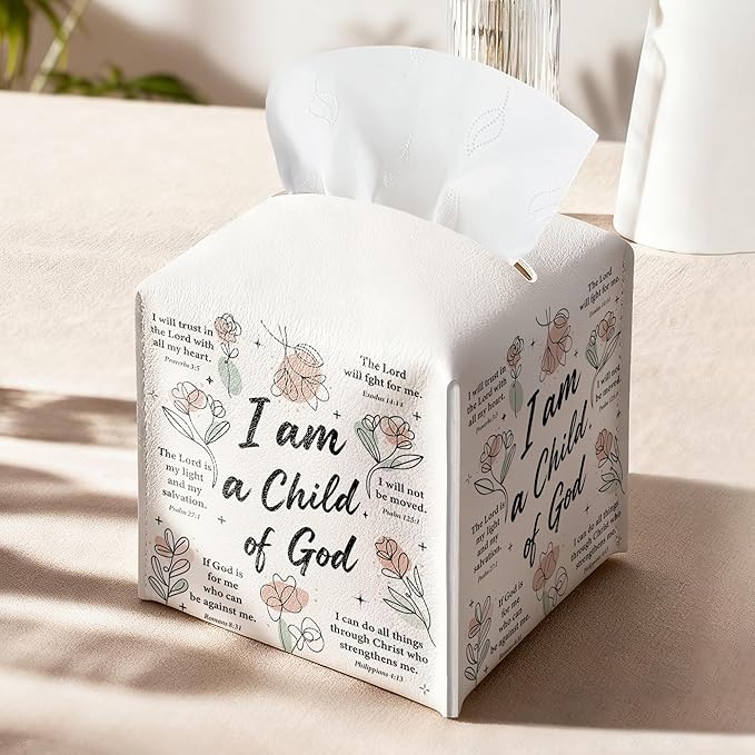 Inspirational Christian Tissue Box Cover Square, Religious Bible Verse Leather Tissue Box Holder, Religious Gifts for Women, Paper Facial Tissue Box Covers Cube for Office Bathroom Home