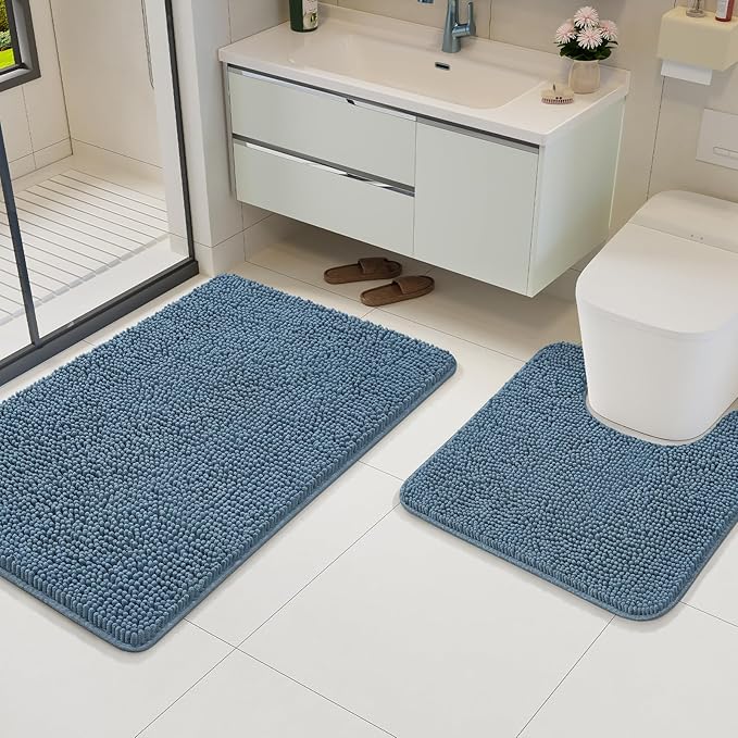 AROGAN Bathroom Rug Sets 2 Piece, 20"x20" U-Shaped Toilet Mat and 21"×34" Bath Mats Floor Set, Washable Bath Rug Set, Absorbent Soft Non Slip Bathroom Rug, Denim Blue