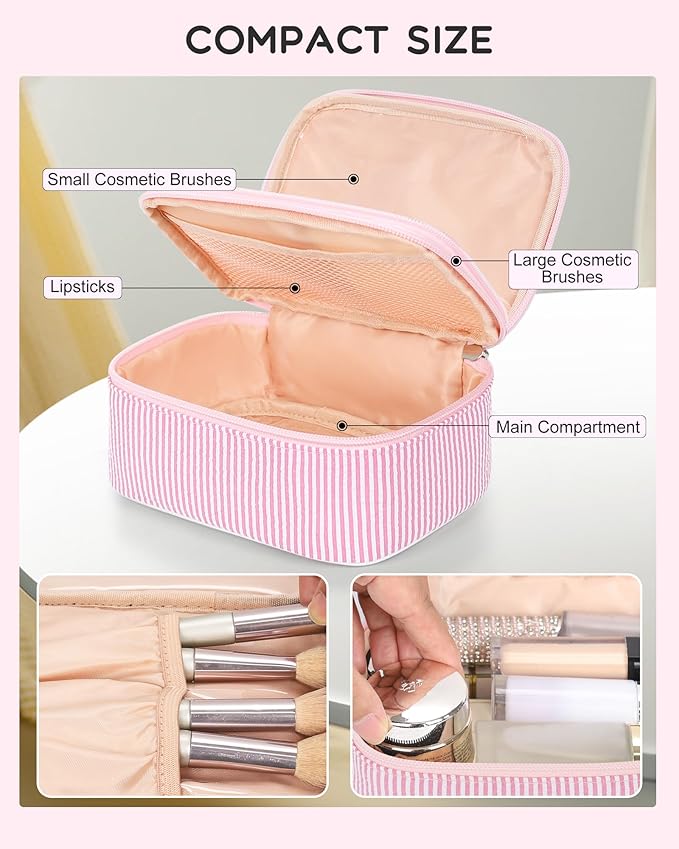 Relavel Travel Makeup Bag, Small Pink Cosmetic Bag with 2 Makeup Brush Holders, Portable Compact Makeup Pouch for Women, Cute Toiletry Bag with Double Layer Organizer, Pink Strip