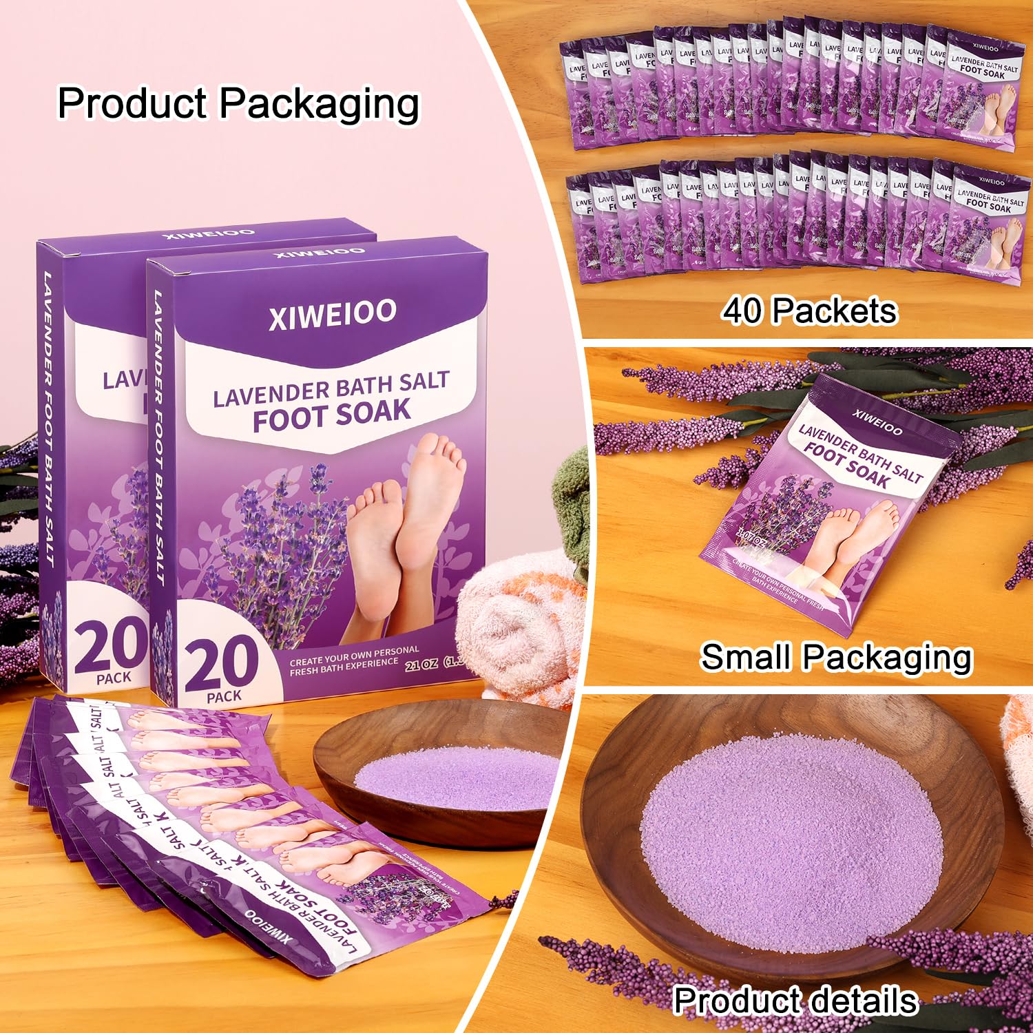 XIWEIOO 40 Packs of Foot Bath soak Salts kit Lavender Epsom Tea Tree Oil