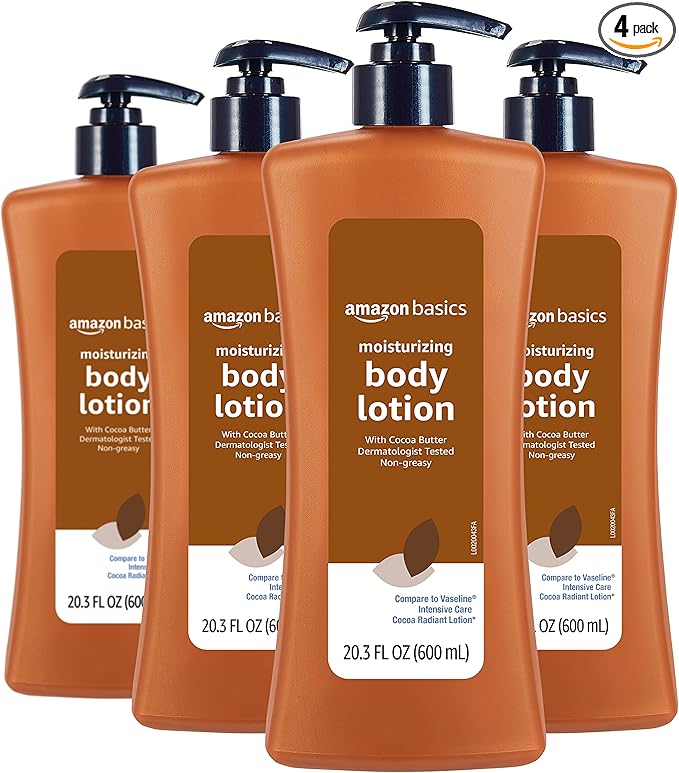 Amazon Basics Moisturizing Cocoa Butter Body Lotion for Dry Skin, Non-Greasy, Paraben Free, Lightly Scented, 20.3 Fl Oz, 4-Pack