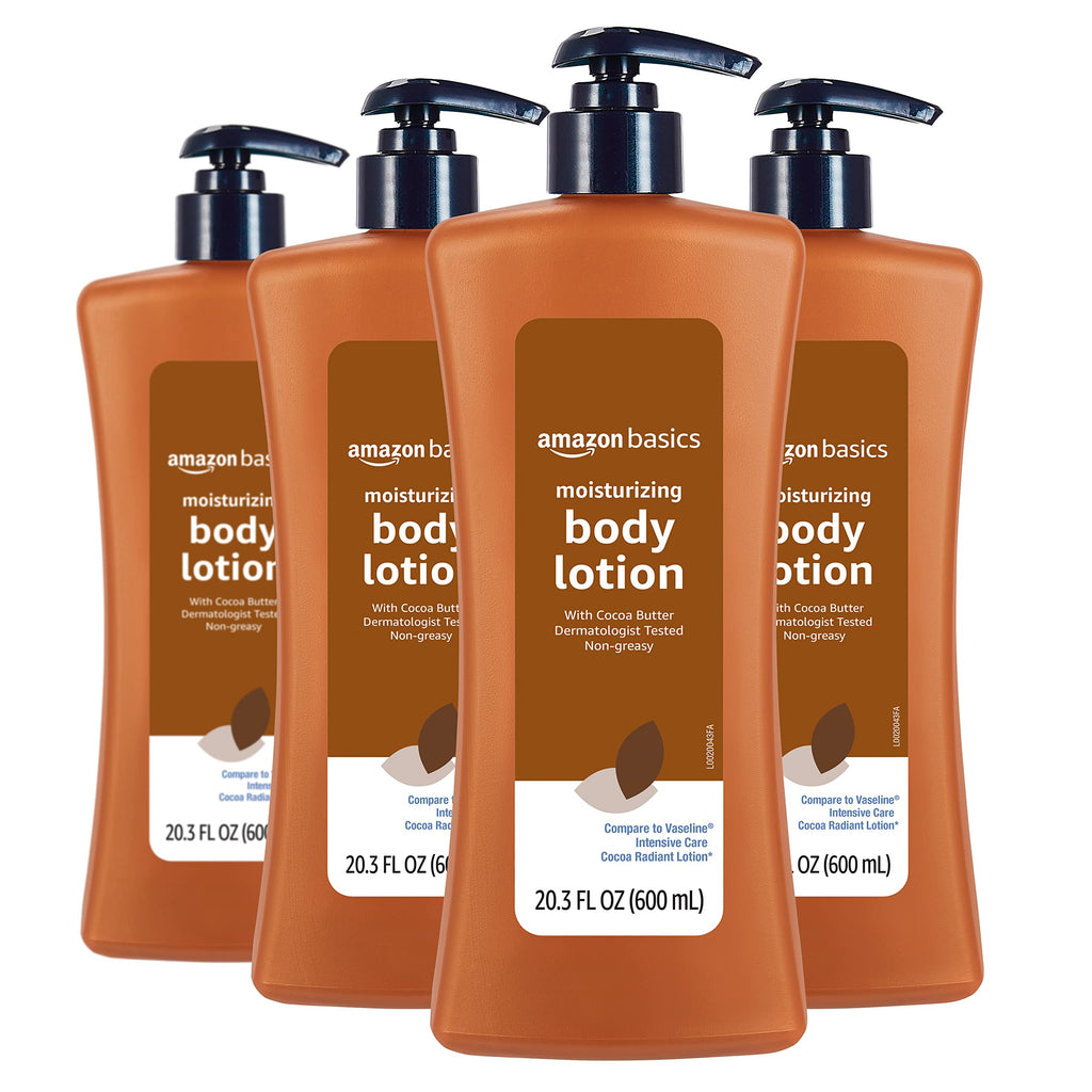Amazon Basics Moisturizing Cocoa Butter Body Lotion for Dry Skin, Non-Greasy, Paraben Free, Lightly Scented, 20.3 Fl Oz, 4-Pack