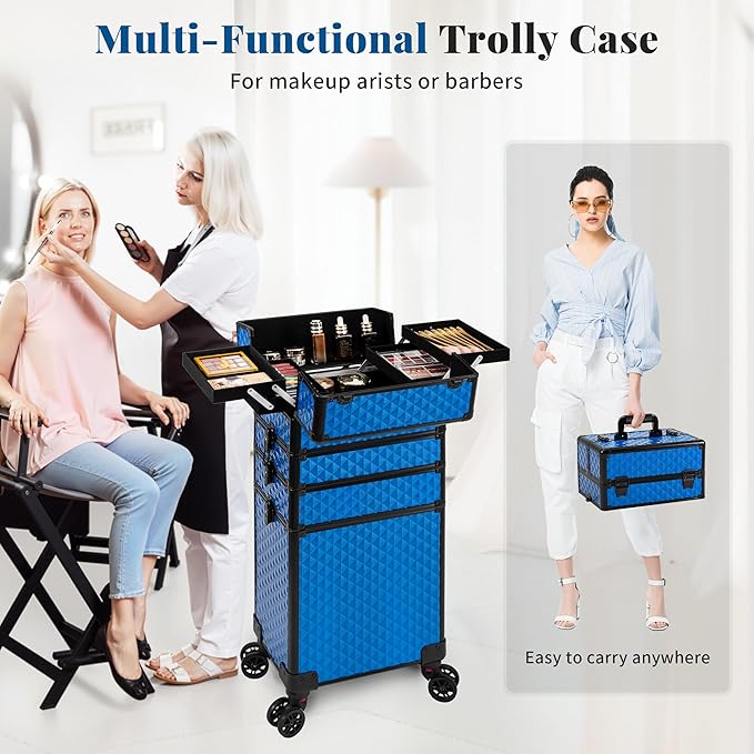 AROUS Rolling Train Makeup Case Cosmetology Case on Wheels, Blue