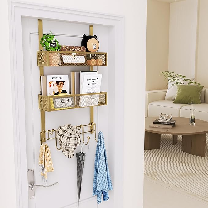 HapiRm Over The Door Hanger with Coat Hooks and 2 Baskets, Rustproof & Waterproof Over The Door Hooks, Storage Organizer for Hats, Bathroom, Kitchen, Bedroom - Gold