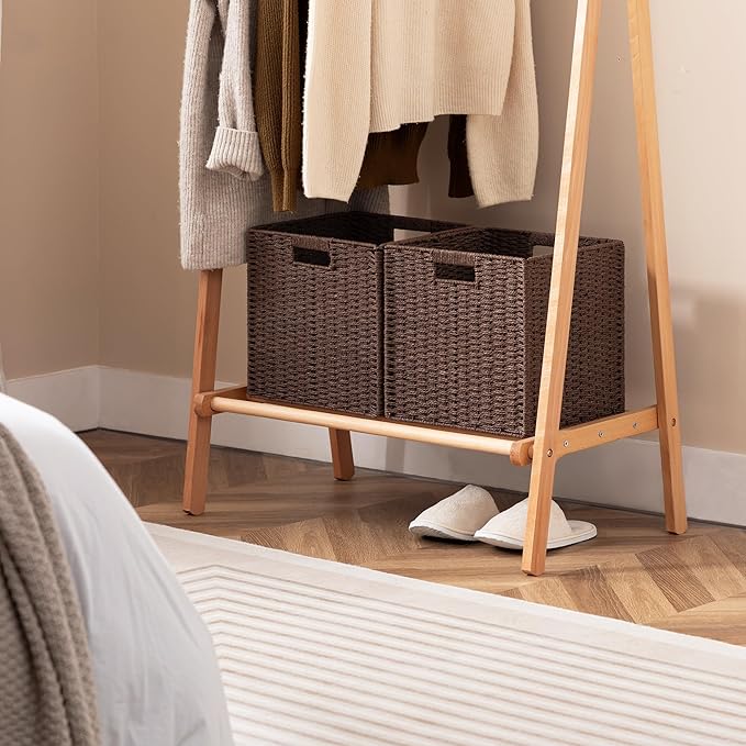 UBBCARE 2 Pack Wicker Basket, 11L×11H×10.5W inch Woven Paper Rope Storage Baskets for shelves, Foldable Cube Storage bin with Handle, Storage Basket for Organizing (Dark Brown, Cube-2pack 11")