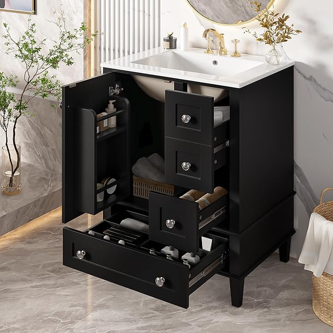 Bellemave 24" Bathroom Vanity with Sink Combo Set, Solid Wood Frame Bathroom Storage Cabinet with 3 Drawers, Soft Closing Cabinet Door with Organizer, Black