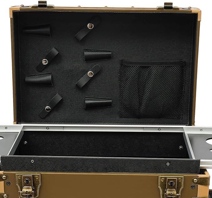 QUEWATSA Rolling Makeup Case Large Storage Cosmetic Trolley, Rolling Lockable Makeup Train Case, Stylist Beauty Salon Cosmetic Luggage Travel Organizer Tool Box with Hair Dryer Holder (Gold)