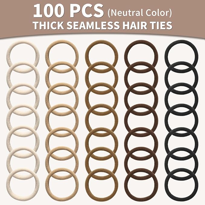 Mia Klein Hair Ties Black 100Count Extra Thick 5CM, Bulk Elastic Hair Bands for Thick Heavy Hair, Seamless Hair Accessories for Women, Girls, Ponytail Holder (Neutral Color)