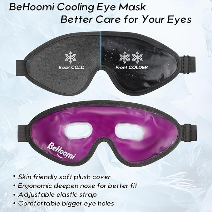 BeHoomi 2Packs Cooling Eye Masks, Ice Eye Mask Cold Compress for Eyes, Reusable Cold Gel Eye Mask for Eye Relaxation, Comfort Snug Fit, Eye Cover for Home, Office, Black & Purple