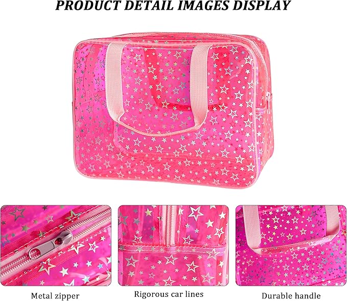 TotePrint Clear Star Large Cosmetic Bag and Travel Pouch with Handle,Durable Material,Zipper Design-Ideal for Makeup,Travel Essentials (Pink+Shiny Star)