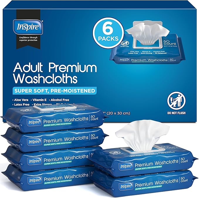Inspire Adult Wet Wipes, Wash Cloths | Adult Wipes for Incontinence & Cleansing for Elderly, 8"x12" (500CT (10 PACKS OF 50))