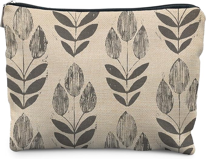 RYYCDOI Vintage Boho Beige Floral Makeup Bag, Modern Farmhouse Green Tulip Flower Cosmetic Bags for Women, Contemporary Leaf Botanical Zipper Makeup Pouch
