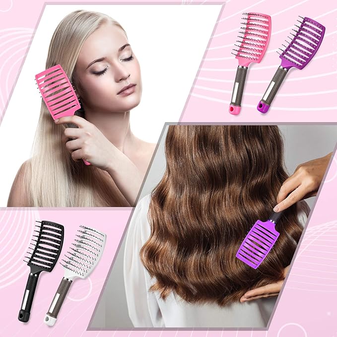 Patelai 4 Pcs Hair Brush, Detangler Curved Vented Brushes for Women Men, Curved Vented Wet Dry Styling Brushes for Curly Long Thick Thin Tangled Hair, Blow Drying Brush, 4 Color