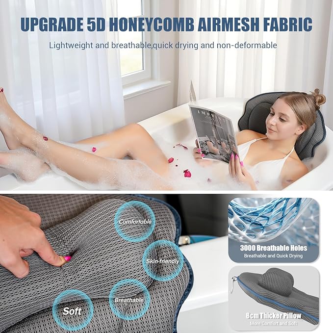 Full Body Bath Pillows for Tub Luxury Bathtub Pillow Cushion for Head,Shoulder,Back&Lumbar Support Thick Tub Pillow for Bathtub for Women Relaxing Soft 5D Air Mesh Mat 12 Non-Slip Power Suction Cups