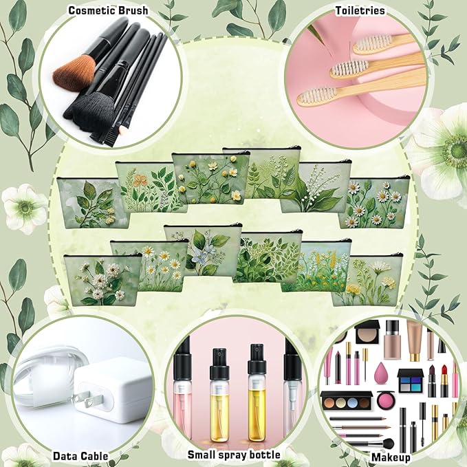 Sweetude 12 Pcs Green Flower Makeup Bags Bulk Green Plants Portable Travel Cosmetic Bags with Zipper Floral Waterproof Roomy Travel Toiletry Organizer Storage Beauty Pouch for Women Gifts