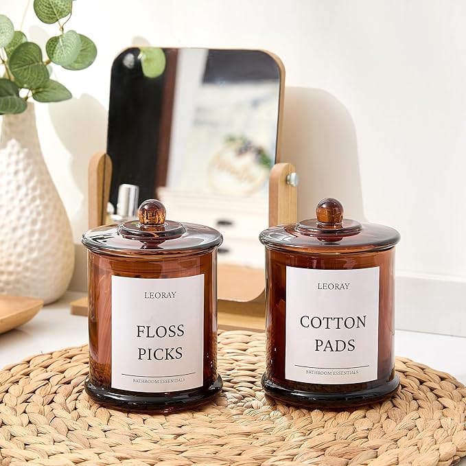 LEORAY 2 Pack Glass Qtip Holder Dispenser with Lids, Airtight Waterproof, 16 Oz Vanity Organizer Bathroom Canisters for Cotton Swabs, Balls, Pads, Floss Picks, Restroom Kitchen Storage Jars, Amber