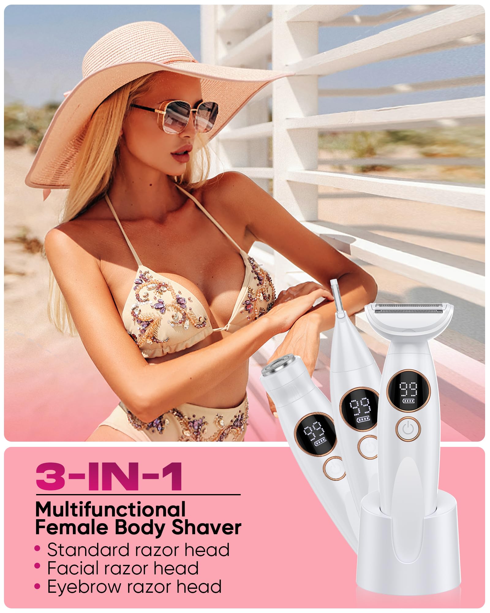 ANYLIV 3 in 1 Bikini Trimmer for Women, Electric Razors for Women with Display, Painless Bikini Trimmer, USB Charging, Electric Shaver for Woman,Shaver for Woman for Face, IPX7 Waterproof,White