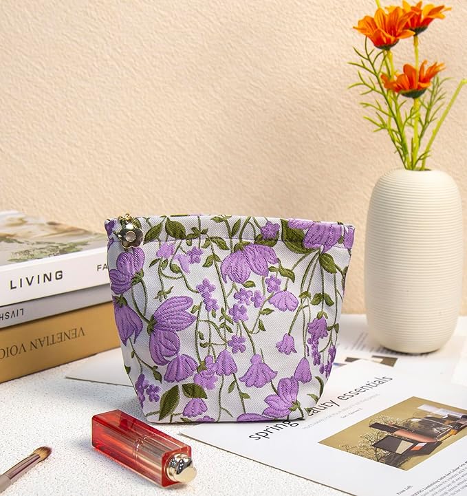 getgto 2 Pcs Makeup Bags, Large Cosmetic Bag Travel Toiletry Bag Organizer for Women, Embroidery Craft, Floral Makeup Bag Small Cosmetic Pouch Purse with Zipper Gifts for Girls Teen